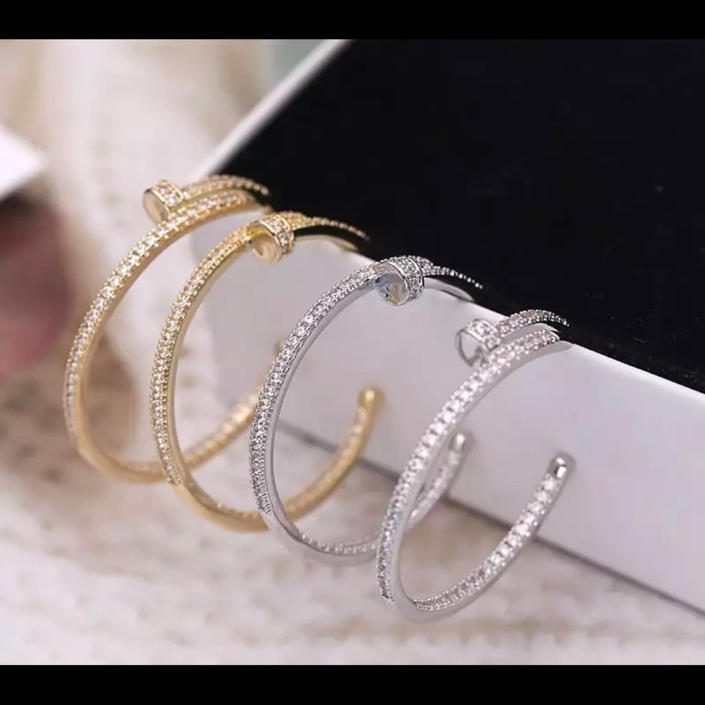 Silver gold cz diamond nail hoop earrings
